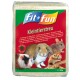 A bag of "fit+fun Kleintierstreu" small animal bedding featuring images of a guinea pig, rabbit, hamster, and chinchilla on a red background.