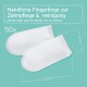 Handliche Fingerpolster für die Zahnpflege und Reinigung, 50 Stück, mit einer Größe von etwa 7,5 cm mal 4 cm, auf einem türkisfarbenen Hintergrund.