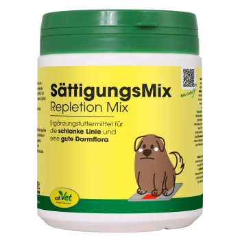 Behälter mit 'SättigungsMix Repletion Mix' für Haustiere, mit einem Cartoon-Hund und Text über die Unterstützung von Schlankheit und Darmflora.
