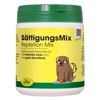 Behälter mit 'SättigungsMix Repletion Mix' für Haustiere, mit einem Cartoon-Hund und Text über die Unterstützung von Schlankheit und Darmflora.