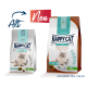 Zwei Tüten Happy Cat Katzenfutter, beschriftet mit "Sensitive" und "Care", mit einer Katze auf jeder Verpackung, mit Text, der die Vorteile für Haut und Fell hervorhebt.