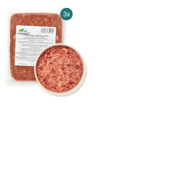Verpackung für rohes Haustierfutter mit Hackfleisch in einer Schüssel, beschriftet "500g" und "3x" in einem grünen Kreis, mit Nährwertinformationen auf der Rückseite.