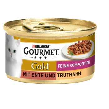 Eine Dose Purina Gourmet Gold Katzenfutter mit einer weißen Katze auf dem Etikett, beschriftet mit 'Feine Komposition mit Ente und Truthahn.'