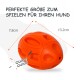 Oranges Hundespielzeug mit den Abmessungen 7,8 cm und 13,2 cm, beschriftet "Perfekte Größe zum Spielen für Ihren Hund" mit verspielten Geräuschen.