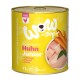 Dose Hundefutter mit der Bezeichnung "WOW-Dog Huhn Junior" mit Huhn, die ein leuchtend gelbes Design, Karotten und einen Anspruch von 71% Fleischgehalt aufweist.