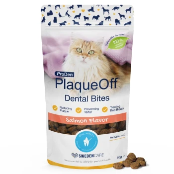 ProDen PlaqueOff Dental Bites cat treats bag (salmon flavor) with cat photo and plaque/tartar claims
