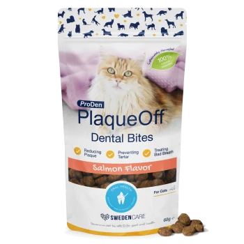 ProDen PlaqueOff Dental Bites cat treats bag (salmon flavor) with cat photo and plaque/tartar claims