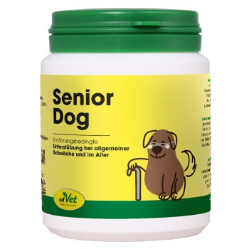 Behälter mit cdVet SeniorDog Ergänzung für ältere Hunde, mit einem grünen Deckel und einem gelben Etikett mit dem Text '100% NATUR'.