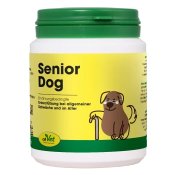 Behälter mit cdVet SeniorDog Ergänzung für ältere Hunde, mit einem grünen Deckel und einem gelben Etikett mit dem Text '100% NATUR'.