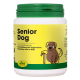 Behälter mit cdVet SeniorDog Ergänzung für ältere Hunde, mit einem grünen Deckel und einem gelben Etikett mit dem Text '100% NATUR'.