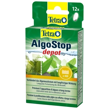 Emballage du dépôt Tetra AlgoStop, conçu pour prévenir la croissance des algues dans les aquariums, avec des couleurs vertes et bleues et du texte en plusieurs langues.