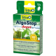 Tetra AlgoStop Depotverpackung, die dazu dient, Algenwachstum in Aquarien zu verhindern, mit grünen und blauen Farben und Text in mehreren Sprachen.