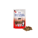 Verpackung von "Natural Dog Chews Bully Sticks" mit einem Hundebild, mit Text, der 100% schmackhafte, rein luftgetrocknete Rindfleischzutaten hervorhebt.