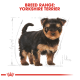 A cute Yorkshire Terrier puppy stands in a sketch-like outline, with the text "BREED RANGE: YORKSHIRE TERRIER" above it.