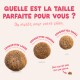 Trois tailles de croquettes étiquetées en français : Croquettes Large, Medium, Small. Titre : « Quelle est la taille parfaite pour vous ? »
