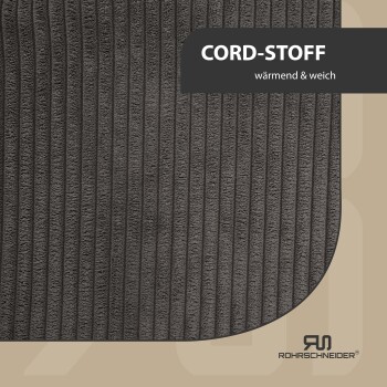 Grau Cordstoff mit vertikalen Streifen, beschriftet mit "CORD-STOFF" und "wärmend & weich," mit einer abgerundeten Ecke und Logo.