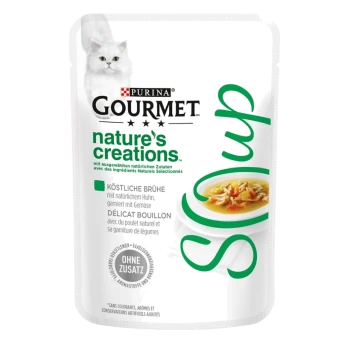 Pochette de nourriture pour chat Purina Gourmet Nature's Creations avec bouillon de poulet et légumes, étiquetée "Köstliche Brühe" et "DÉLICAT BOULLO."
