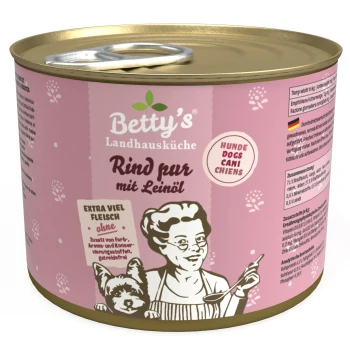 Dose mit Betty's Landhausküche Hundefutter, beschriftet mit "Rind pur mit Leinöl", mit einem pinken Design und einer Kochillustration mit einem Hund.