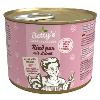 Dose mit Betty's Landhausküche Hundefutter, beschriftet mit "Rind pur mit Leinöl", mit einem pinken Design und einer Kochillustration mit einem Hund.