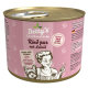 Dose mit Betty's Landhausküche Hundefutter, beschriftet mit "Rind pur mit Leinöl", mit einem pinken Design und einer Kochillustration mit einem Hund.