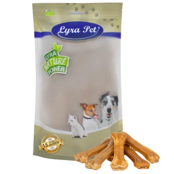 Lyra Hundefutter-Leckerlis-Packung mit einer Vielzahl von Hunden auf der Vorderseite, mit dem Etikett "Lyra Nature Power" und fünf Kaustangen vorne.