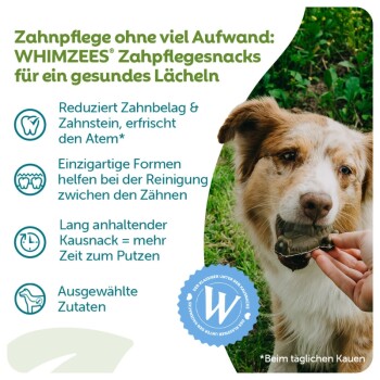Hund wird von Hand mit einem WHIMZEES Zahnsnack gefüttert; deutscher Text 'Zahnpflege ohne viel Aufwand' und Angaben zur Zahnpflege