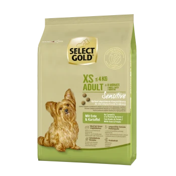 Hondenvoer zak gelabeld "SELECT GOLD XS ADULT" voor honden tot 4 kg, met een Yorkshire Terrier en "Sensitive" eend en aardappel ingrediënten.