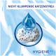 Nicht klumpendes Katzenstreu mit einem Wassertropfen und einem strukturierten weißen Streu-Stück auf einem hellblauen Hintergrund, gekennzeichnet als "HYGIENE Plus."