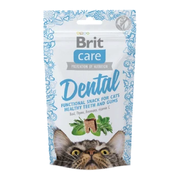 Brit Care Dental Snack für Katzen, fördert gesunde Zähne und Zahnfleisch, mit Zutaten wie Basilikum, Thymian, Rosmarin und Vitamin C.