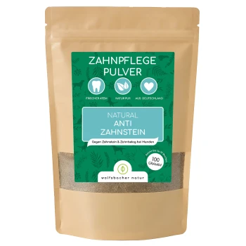 Zahnpflegepulver für Hunde, mit dem Etikett "Natural Anti Zahnstein", mit Ansprüchen auf frischen Atem und Zahnsteinprävention, aus Deutschland.