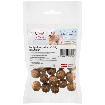 Wild & fein Hundesnacks, 80 g, 100 % natürliche Hirschpralinen, Premium-Snack, ohne Zusatzstoffe, österreichische Qualität, mit Bild eines Golden Retrievers.