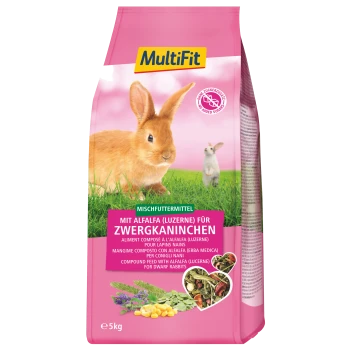 Rosa MultiFit 5-kg-Luzernefutter für Zwergkaninchen mit Kaninchenfoto und Siegel 'No added sugars'.