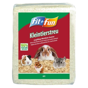 Fit+Fun Kleintierstreu Verpackung mit rotem Hintergrund, mit einem Kaninchen, Meerschweinchen, Hamster und Chinchilla, beschriftet "Kleintierstreu."