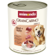 Dose Animonda GranCarno Adult 1+ Hundefutter mit Rind und Huhn, zeigt einen glücklichen Golden Retriever und Text auf Deutsch und Englisch.