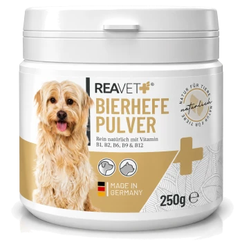 Behälter von REAVET Bierhefe Pulver, ein natürliches Hefepulver für Haustiere, angereichert mit den Vitaminen B1, B2, B6, B9 und B12.
