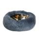 Eine dreifarbige Katze, die sich in einem weichen, runden, grauen Haustierbett zusammenrollt und direkt in die Kamera mit leuchtend grünen Augen schaut.