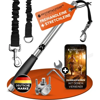 Hundefahrrad-Leinen-Set von Pfotenwunder mit Dehnleine, Montagematerial und App zum Radfahren mit Hund, deutsche Marke.