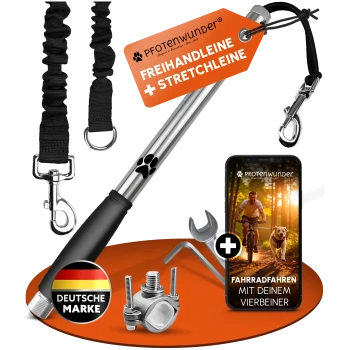 Hundefahrrad-Leinen-Set von Pfotenwunder mit Dehnleine, Montagematerial und App zum Radfahren mit Hund, deutsche Marke.