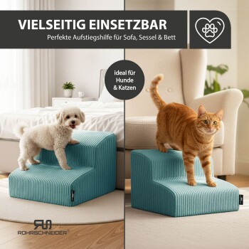 Türkise Haustiertreppe mit kleinem weißem Hund und orange-getigertem Kater; sichtbare Texte: 'VIELSEITIG EINSETZBAR', 'ideal für Hunde & Katzen'.