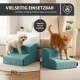 Türkise Haustiertreppe mit kleinem weißem Hund und orange-getigertem Kater; sichtbare Texte: 'VIELSEITIG EINSETZBAR', 'ideal für Hunde & Katzen'.