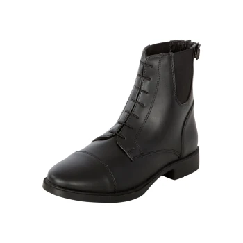Schwarze Leder-Ankle-Boots mit runder Zehenpartie, mit einer Schnürung vorne und elastischen Seitenpaneelen für einfaches Anziehen.