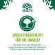 Logo mit einem Baum und Tieren, mit dem Text "UNSER ENGAGEMENT FÜR DIE UMWELT" und einer Botschaft zur Reduzierung der Umweltauswirkungen.