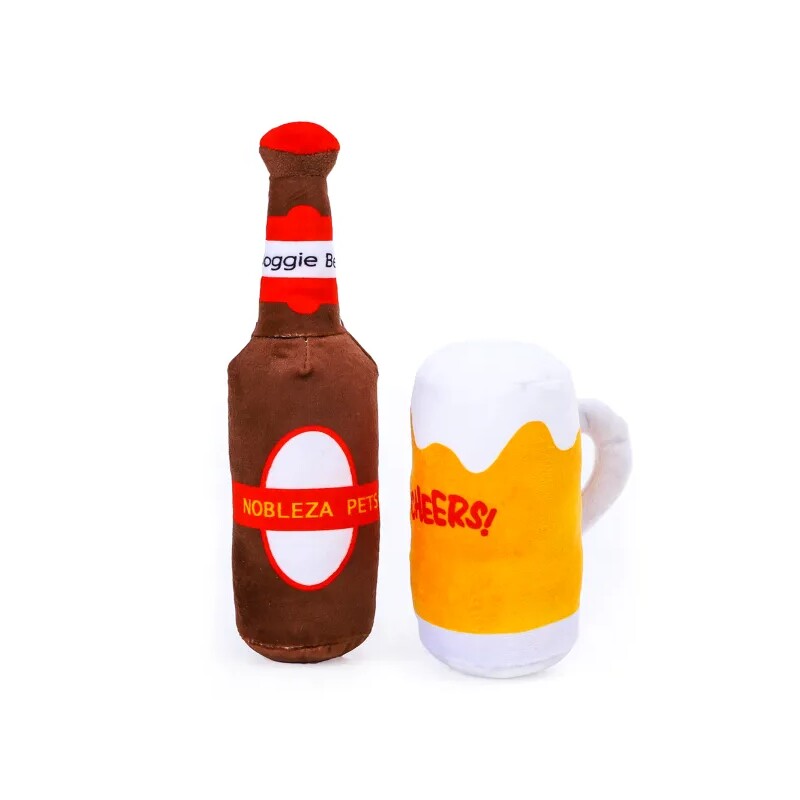 nobleza Plüsch Hundespielzeug – Bierflasche oder Bierglas mit Quietschfunktion | Weich, Lustig & Beißfest aus Polyester S