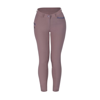 Ein Paar stilvolle, enganliegende Reithosen in einem weichen Taupe-Farbton, mit Knopfverschluss, Seitentaschen mit marineblauen Akzenten und einem eleganten Design.