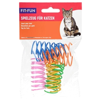 Bunte Frühlingsspielzeuge für Katzen in einer klaren Verpackung, mit einem Tab mit einem Katzenbild und Text in mehreren Sprachen.