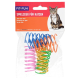 Bunte Frühlingsspielzeuge für Katzen in einer klaren Verpackung, mit einem Tab mit einem Katzenbild und Text in mehreren Sprachen.