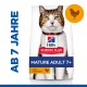 Hill's Science Plan Katzenfutterbeutel mit einer reifen Katze, beschriftet mit 'MATURE ADULT 7+' und 'mit HÜHNCHEN', vom Tierarzt empfohlen.