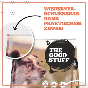 Nahaufnahme einer Hundefuttertüte, die das Gesicht eines Hundes zeigt und deutschen Text über die wiederverschließbare Reißverschlussfunktion.