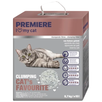 Schachtel Premiere klumpende Katzenstreu mit einer liegenden grau-getigerten Katze und Produktmerkmalen in mehreren Sprachen.
