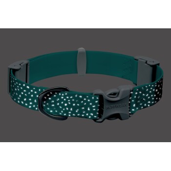 Teal Hundehalsband mit reflektierenden Punkten und einer grauen Schnalle, mit dem Markennamen 'RUFFWEAR' auf dem Verschluss.